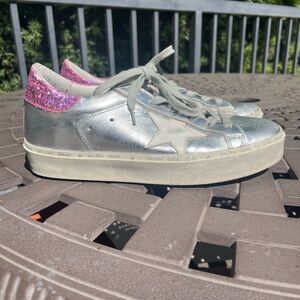 Golden Goose Metallic Silver Low-Top Sneakers with Pink Glitter Heel